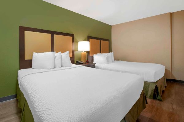 The image shows a hotel room with two neatly made beds, a nightstand in between, a lamp, and two green and beige colored walls surrounding the beds.
